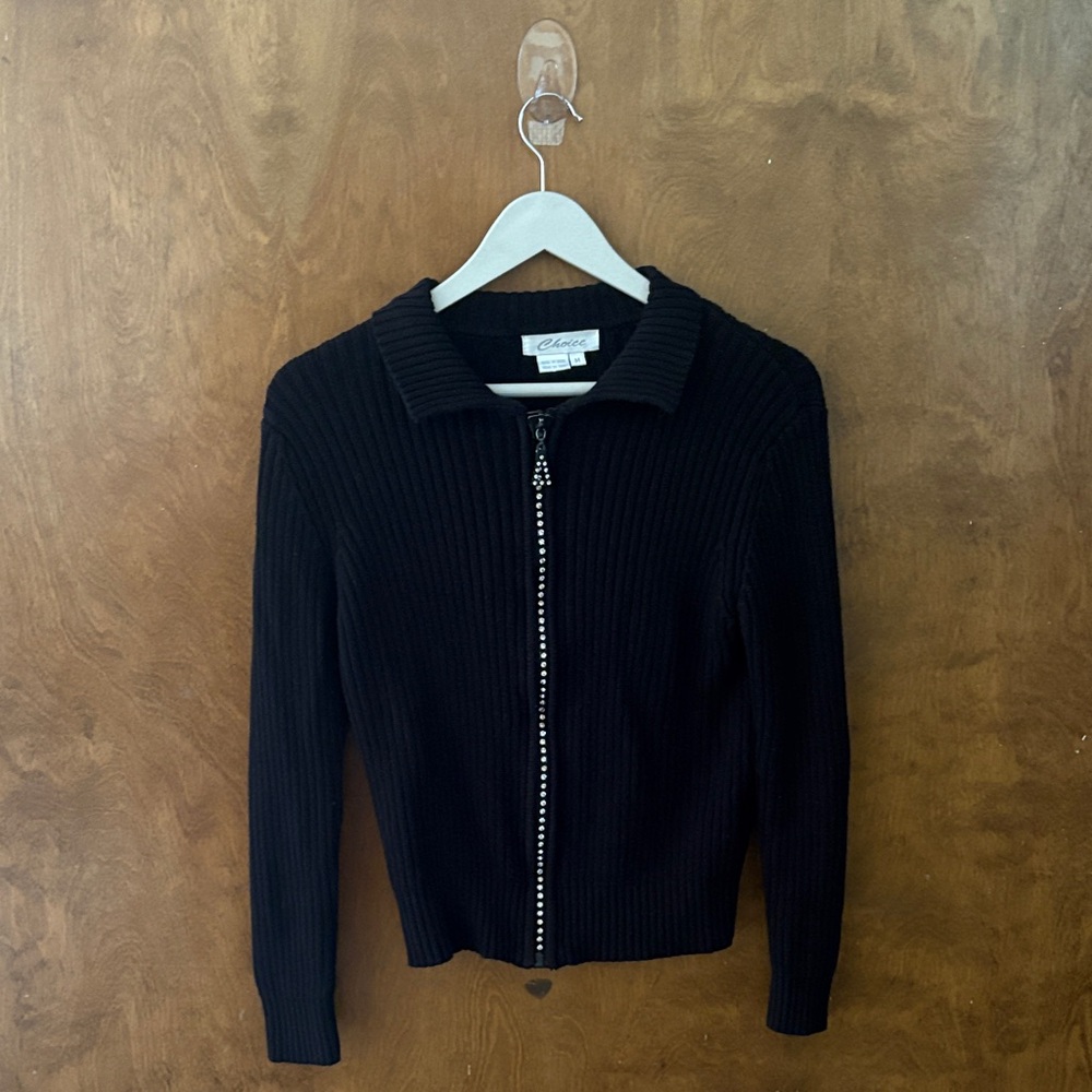 Black Ribbed Zip-Up Sweater Y2K Style